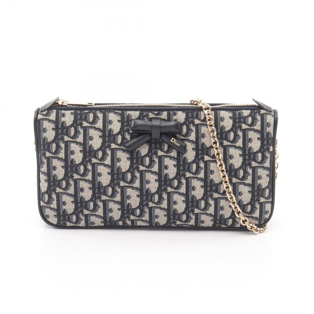 Christian Dior Oblique Bow Shoulder Bag Canvas Leather Beige Navy Blue